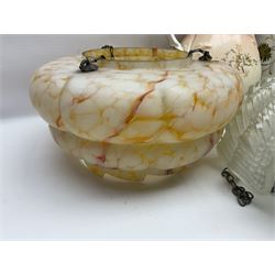 Two Art Deco mottled glass fly catcher ceiling light shades, together with two other 1930s moulded glass ceiling light shades and two Victorian style wash jugs, largest shade D33cm