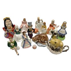Thirteen Wade Collectors Club figures, comprising six Alice in Wonderland figures; Queen of Hearts, Alice, Mad Hatter, The Doormouse, White Rabbit and Cheshire cat, six Cinderella figures; Fairy Godmother, Cinderella Ready for the Ball, Prince Charming, Cinderella, Clorinda and Thisbe, together with Beauty from Beauty and the Beast, all with original boxes  