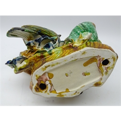  20th century Majolica model of two birds perched on a branch, H30cm   