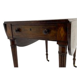 George III mahogany Pembroke table, drop-leaf oval top with satinwood band, fitted with single end drawer, inlaid with satinwood lozenge motifs, on turned and reeded supports with brass cups and castors