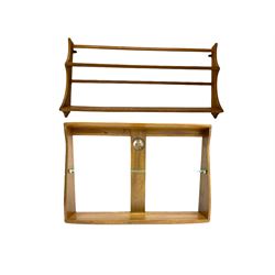 Ercol medium elm two tier wall plate rack, and additional Ercol two tier wall plate rack, with glass shelf and swan detail. 