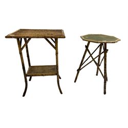 19th century bamboo plant stand with octagonal top (D45cm, H66cm), and another similar two tier table or stand