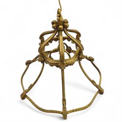 Late Victorian gilt bronze neoclassical style open chandelier, open crown form suspended chandelier with hook finial and downward sweeping reeded and scrolled arms forming a canopy with six acanthus decorated ribs, lower section outward curved ribs forming a circular hoop detailed with fluted ornament and small foliate clasps, wired for electricity 