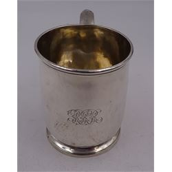 George I silver christening mug,  of cylindrical form with rolled rim and capped S handle, upon stepped circular foot, hallmarked James Smith I, London 1722, H9cm