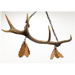 An antler light fitting, the single antler supporting two copper light shades modelled as oak leaves, overall H70cm