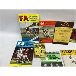 Football - Sherman's Searchlight on Famous Teams trade cards 1938-39 (28) and Searchlight on Famous Players (15); and nine booklets including F.A. Cup Annual 1951;two early 1960s F.A. Yearbooks etc; together with seven photographs of cricket teams, first half of 20th century; and four 1940s and later cricket booklets; and a signed postcard of boxer Len Harvey
