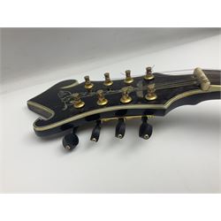 Eastern F-hole eight-string mandolin with black finish and mother-of-pearl inlay of a man riding a winged horse/unicorn amongst clouds and stars with playing card suits to the fingerboard L71cm