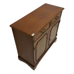 Reproduction mahogany side cabinet, moulded rectangular top over two drawers and double cupboard, bracket feet