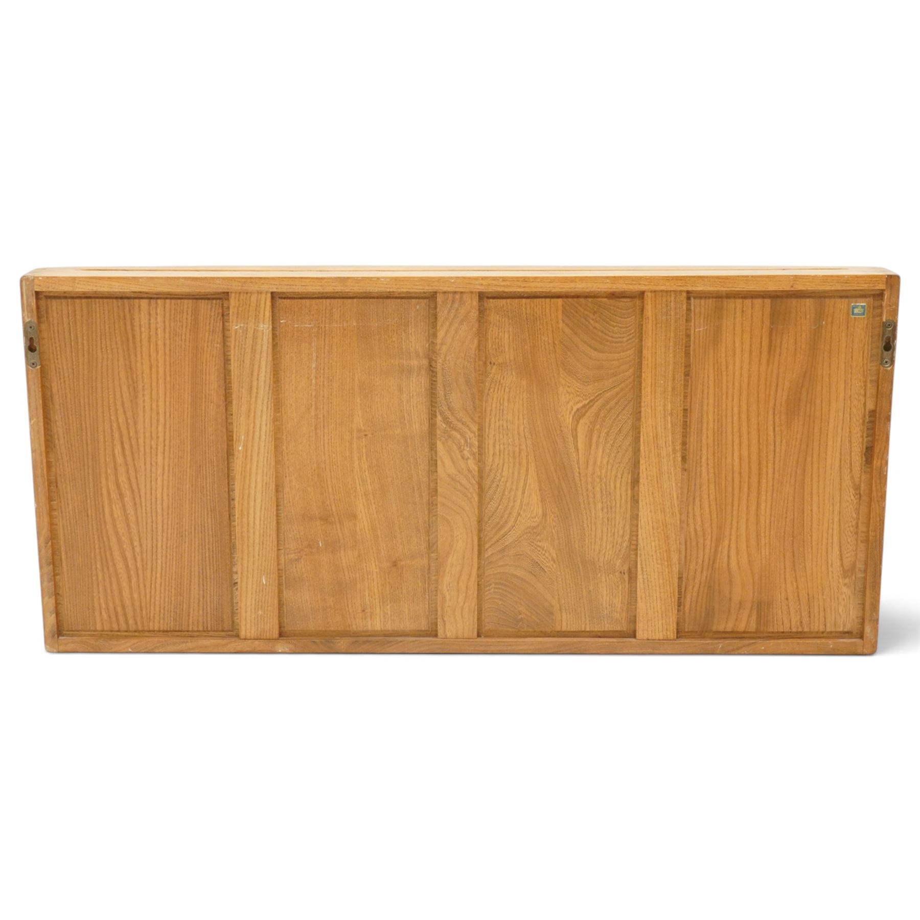 Ercol - elm plate rack, rectangular form with rounded corners, fitted with two open shelves divided by staggered upright partitions, fixings for hanging