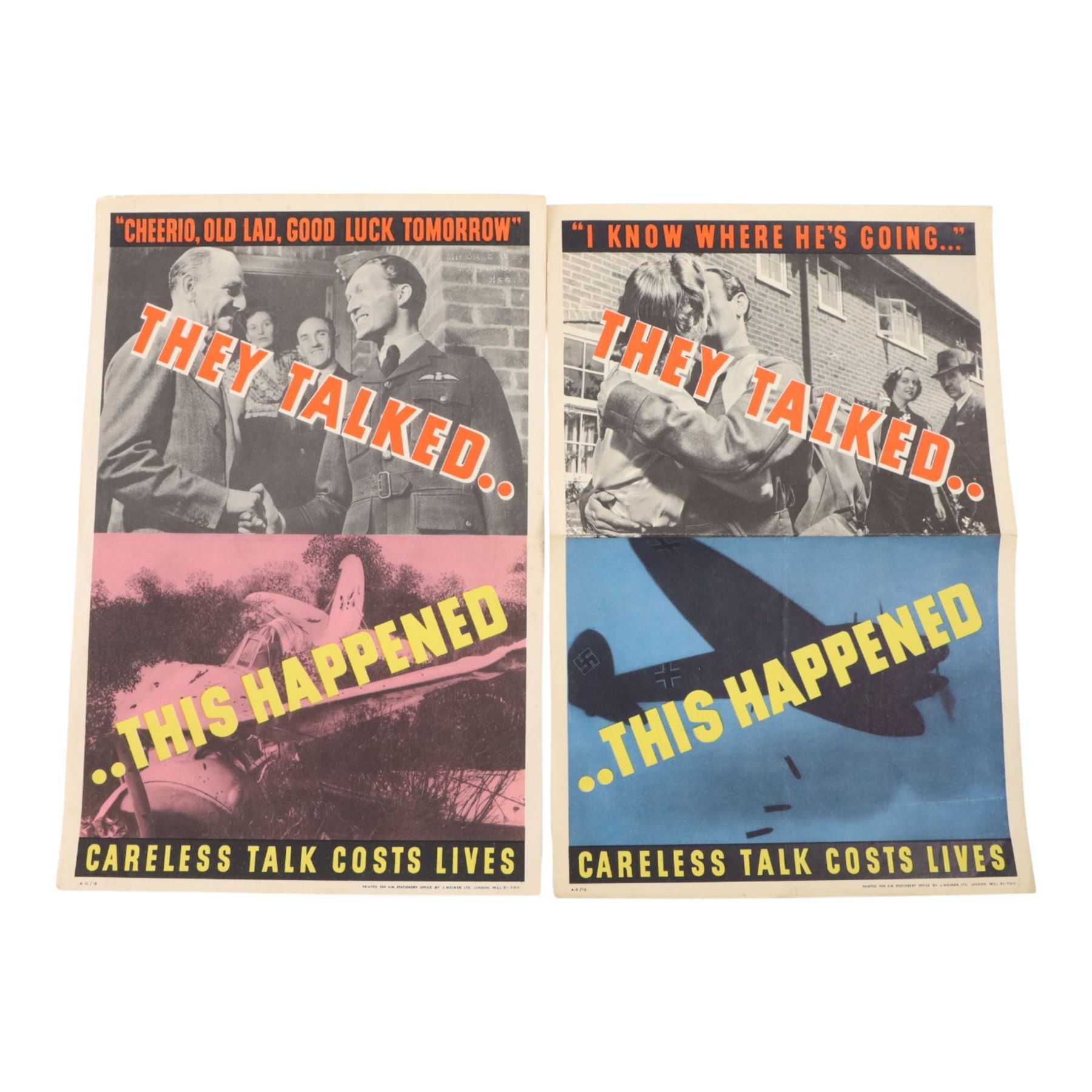 WWII three 'Careless Talk Costs Lives' posters, printed for H.M Stationary office, one printed by Lowe & Brydon, two by J. Weiner  