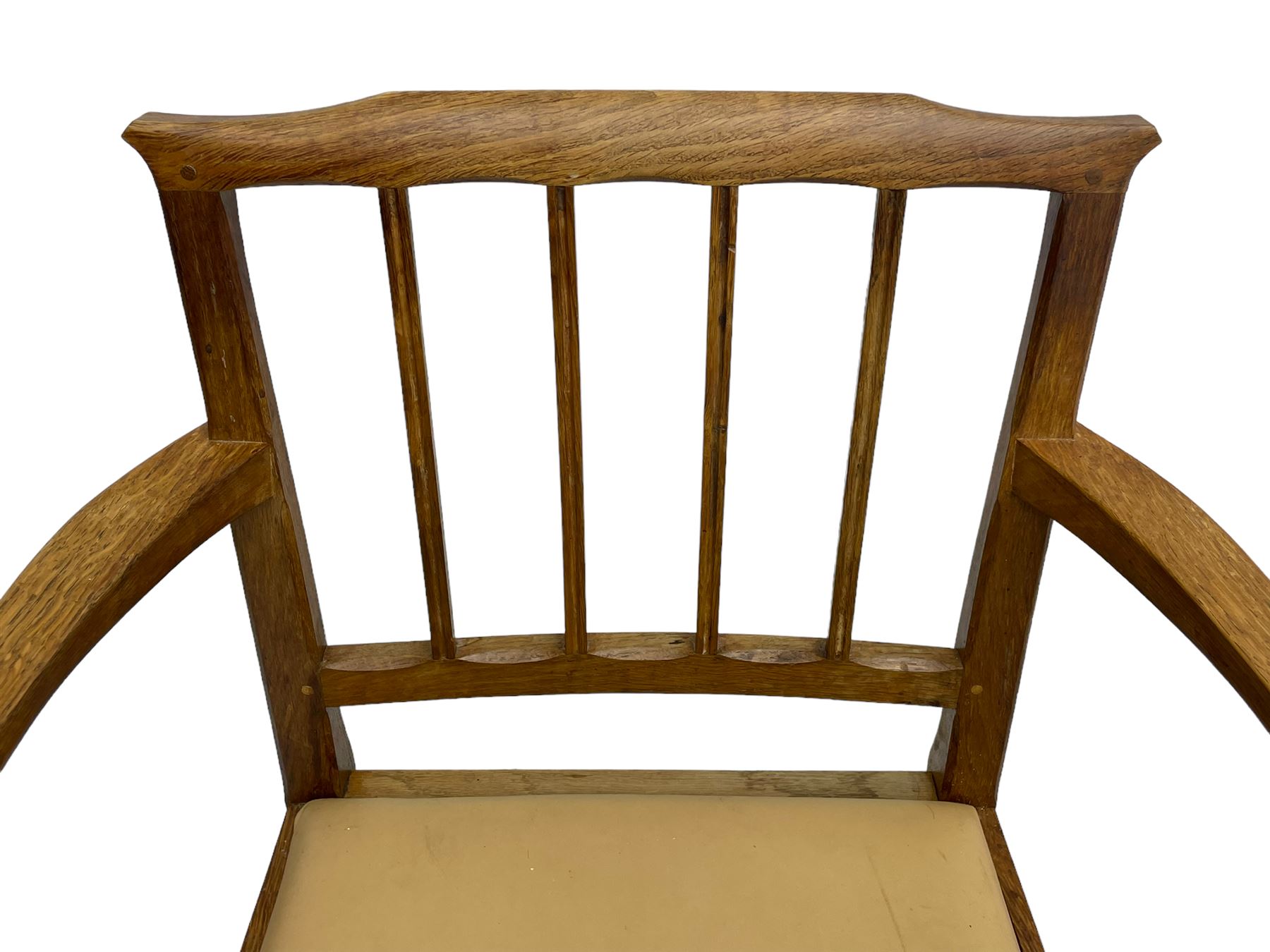 Acornman - set six (4+2) oak dining chairs, shaped cresting rail over moulded upright slats, square tapering supports joined by H-stretchers, by Alan Grainger, Brandsby, York