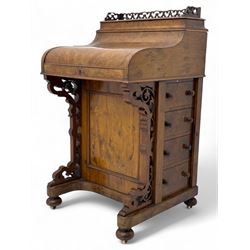 Victorian burr walnut davenport, the raised back with pierced fretwork gallery over a hing...