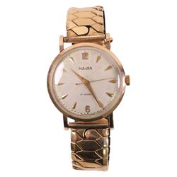 Majex gentleman's 9ct gold manual wind wristwatch, Edinburgh 1957, on expanding gold-plate...