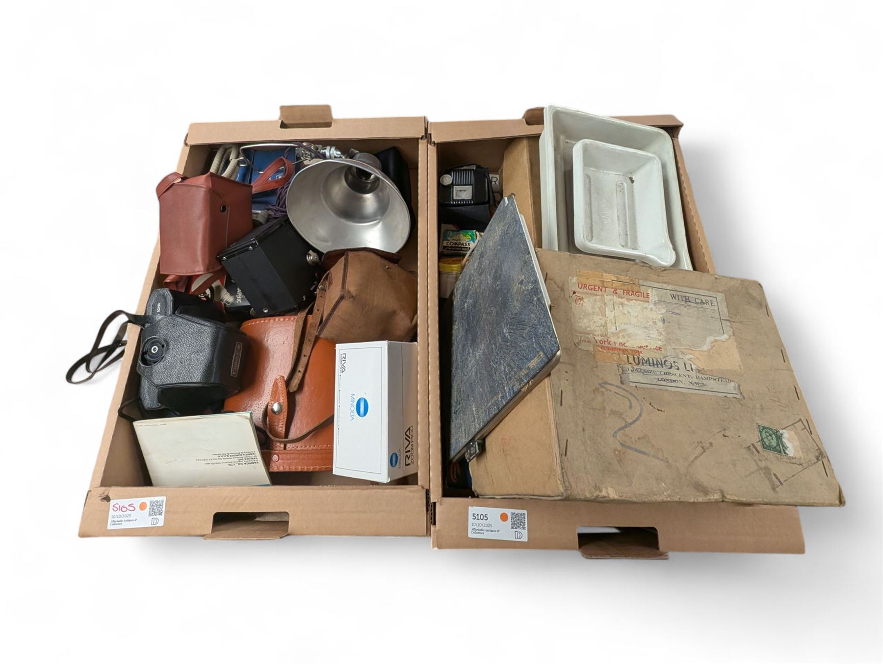 Collection of vintage cameras and photography equipment, including Minolta Riva Pico camera, Ensign Ful-VUe camera, Agfa Synchro Box, Yashica TL-Electro SLR Camera, pair of Ajaz 10x50 binoculars, etc