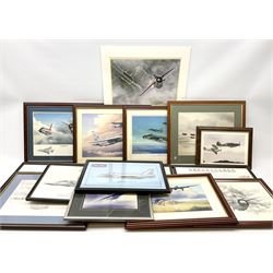 Thirteen framed and one unframed prints of military aircraft; and framed cross-stitch picture of a BAL Lightning F.6 (15)