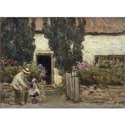 Ernest Higgins Rigg (Staithes Group 1868-1947): Old Man comforting a Little Girl outside Boxtree Farm Maltongate Thornton le Dale, oil on canvas signed 29cm x 39cm
Provenance: private collection purchased T B & R Jordan Fine Art Specialists Stockton on Tees