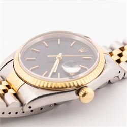 Rolex Oyster Perpetual Datejust gentleman's stainless steel and gold automatic wristwatch, circa 1991, Ref. 16233, serial No. X621666, blue dial with baton hour markers, on Rolex Jubilee stainless steel and gold bracelet, with fold-over clasp, boxed with papers
