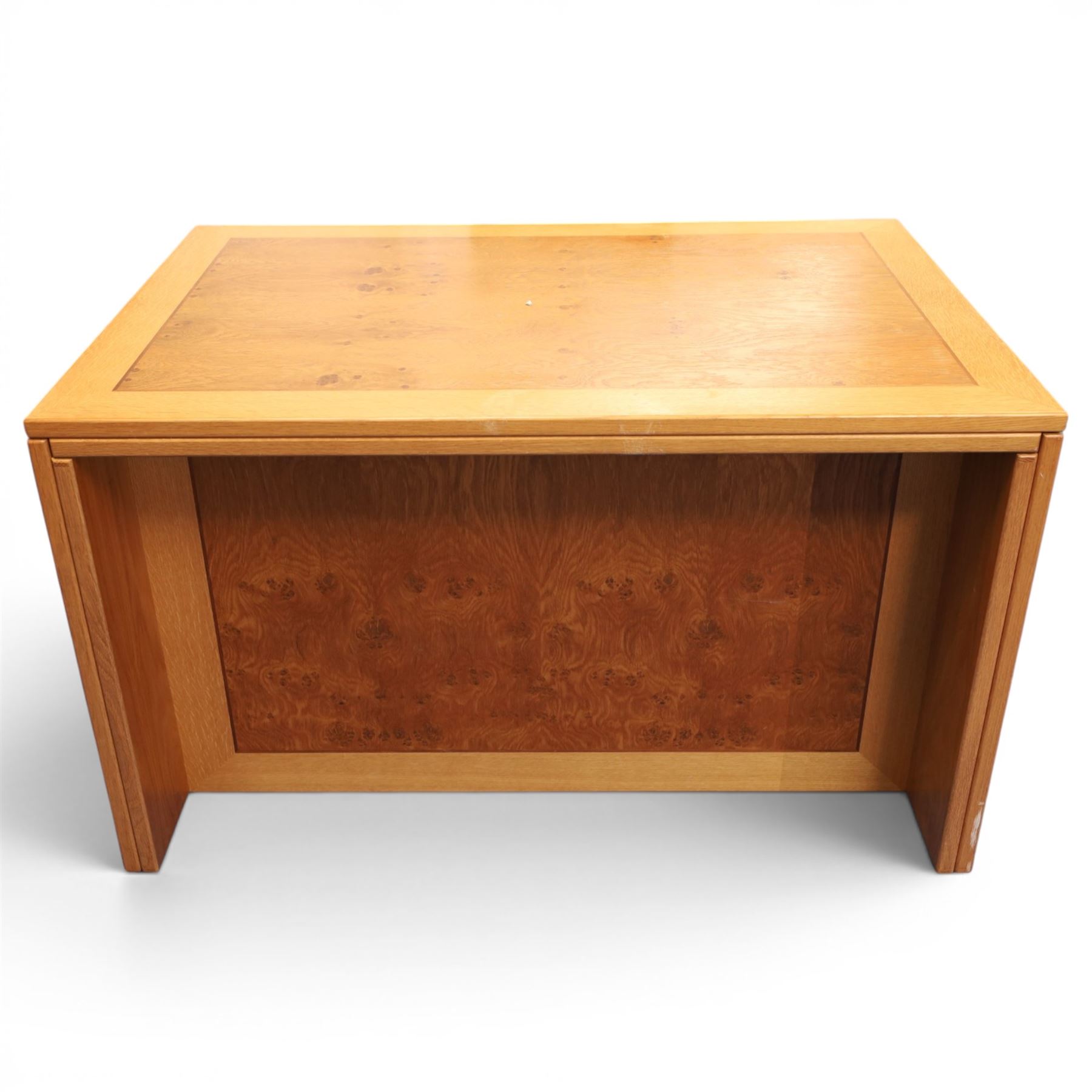 Light oak rectangular office desk, with figured and burr panels