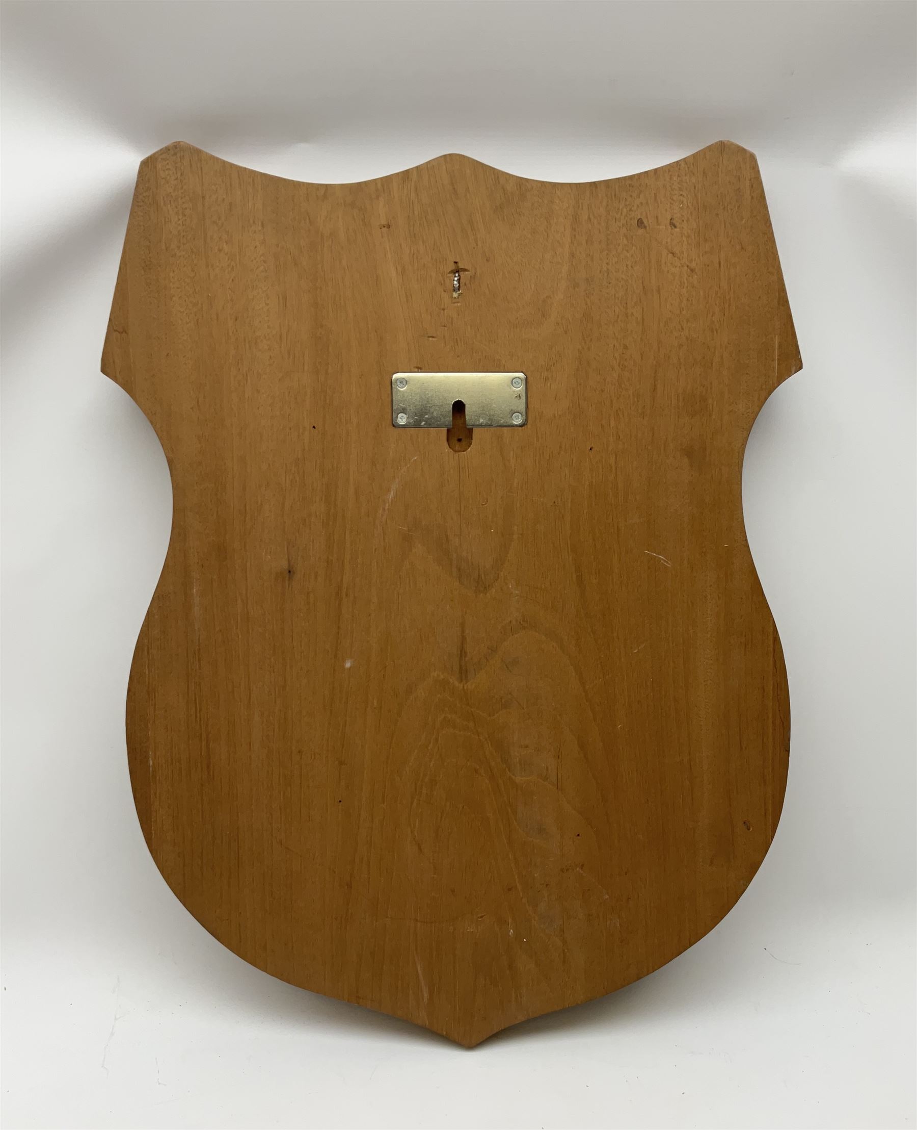 Five wooden shield plaques for mounting taxidermy of various sizes, largest H67cm, D51cm. 