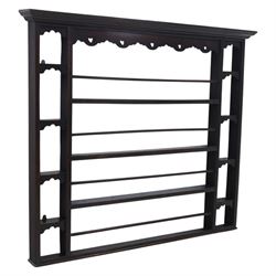 Large 18th century oak plate rack, fitted with narrow pigeon hole shelves to either side, ...