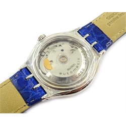  Swatch Tresor Magique special edition automatic platinum cased wristwatch no 07986, with interchangeable royal blue leather and plastic straps, stainless steel presentation box with acrylic glass inlay, papers purchase receipt with launch date 9th October 1993, teeshirt and CD  