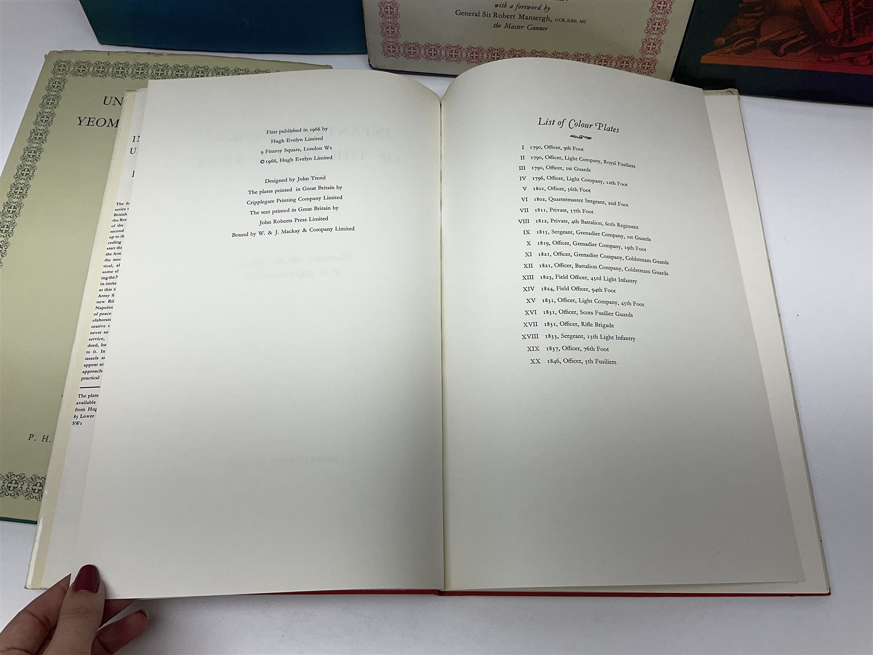 Set of six 1960s books on British Uniforms published by Hugh Evelyn London comprising Cavalry Uniforms of the British Army, Uniforms of the Royal Artillery, Uniforms of the Scottish Regiments, Uniforms of the Yeomanry Regiments and Infantry Uniforms of the British Army Series 1 & 2; all with dustjackets