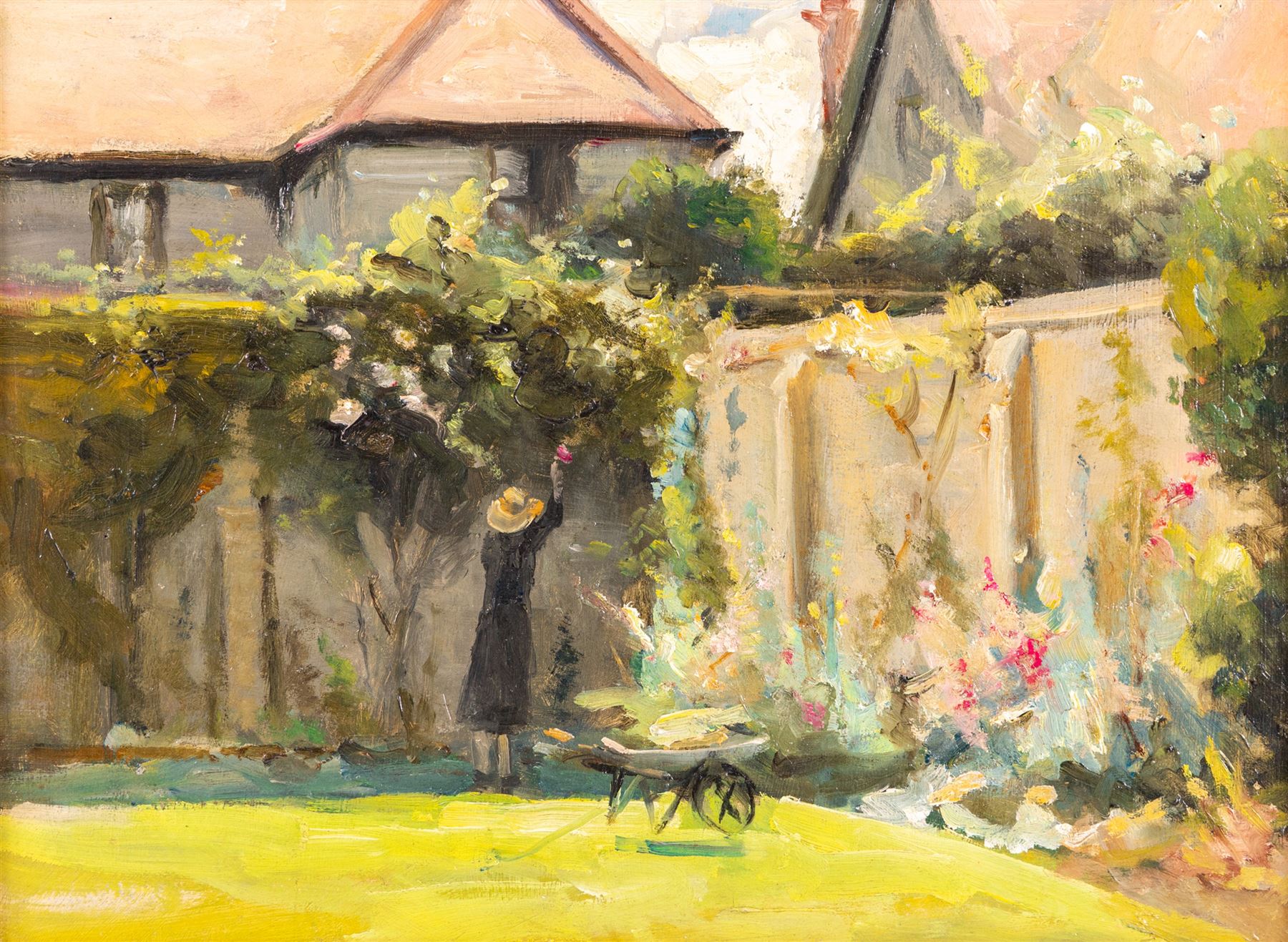 Circle of Sir John Lavery (Irish 1856-1941): Trimming Roses, oil on board unsigned 28cm x 38cm