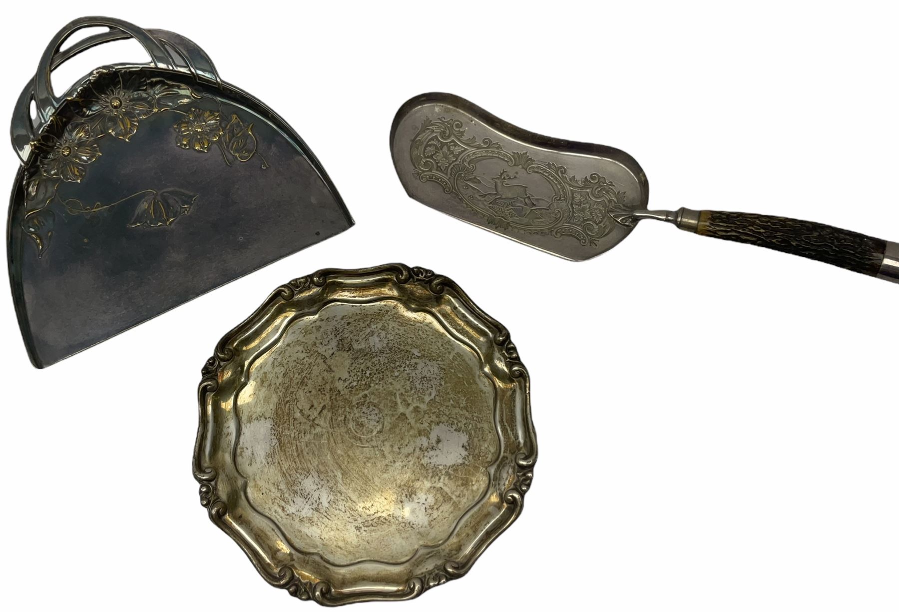 Two Georgian silver toddy ladles with baleen twist handles, (neither hallmarked), one with inset coin to bowl, together with a group of silver plate including cruet stand enclosing two glass bottles with stoppers, shaker and preserve pot with spoon, pair open salts with glass liners, etc. 