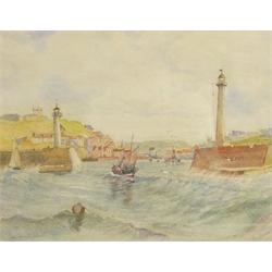  Whitby Harbour, 20th century watercolour signed by Austin Smith 23cm x 30cm and Fishing Boats - Whitby, oil on canvas signed and dated 1908 by E Heslewood 24.5cm x 34cm (2)  