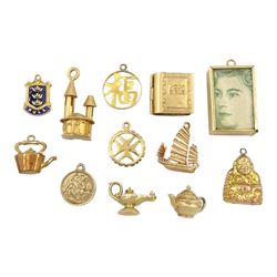 Nine 9ct gold pendant/charms including money box, buddha, lamp, Chinese ship and kettle, two 18ct gold synagogue and Maltese cross and an 8ct gold Chinese emblem