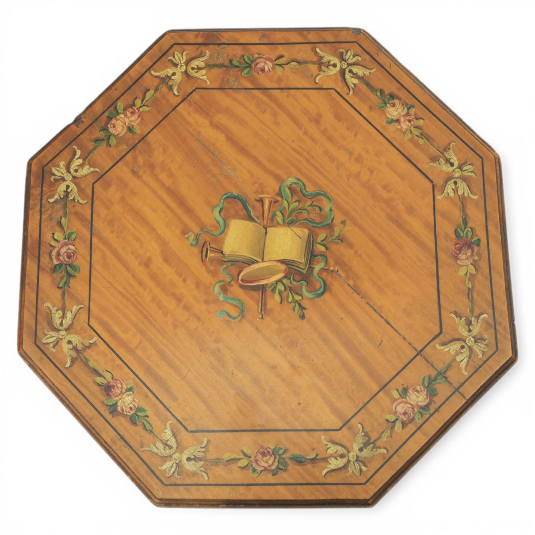 Edwardian inlaid satinwood occasional table, the octagonal top with central painted classical urn within floral garland border, shaped frieze with further painted swags, raised on square tapering legs united by an undertier stretcher