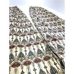 Pair beige ground lined curtains with floral pattern, W260cm, Drop-207cm