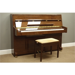  'Steinbach' upright piano in walnut finish case, iron framed and overstrung with damper pedal, with matching adjustable stool, no. UP108D1 2000664, W146cm, H108cm, D55cm  