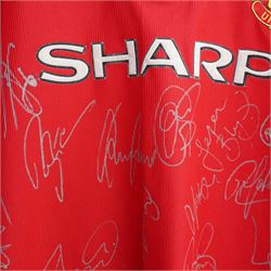 Manchester United 1998/99 treble winning squad Umbro shirt with signatures in silver pen and with certificate
