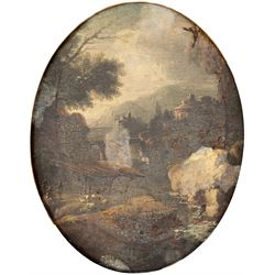 Michele Pagano (Italian 1697-1732): Shepherds Herding Sheep with Distant View of Buildings, oil on canvas signed 29cm x 22cm