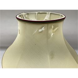 Moorcroft table lamp of squat baluster form, decorated in the Autumn Blackberry, with Moorcroft cream fabric shade with gold, green and red piping, overall H38cm