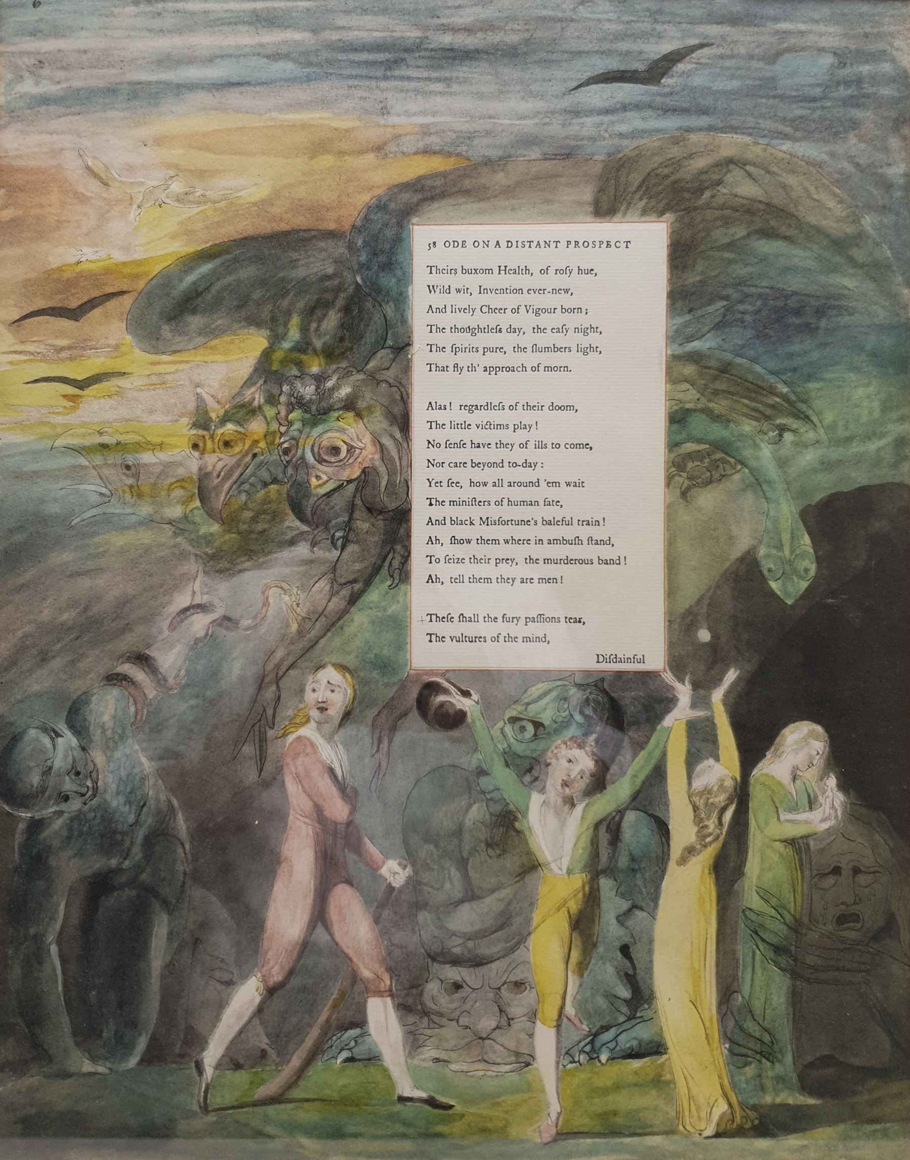 English School (Early 20th century): 'Ode on a Distant Prospect [of Eton College]', typewritten poem surrounded by a hand-coloured print of mythical figures unsigned 40cm x 32cm