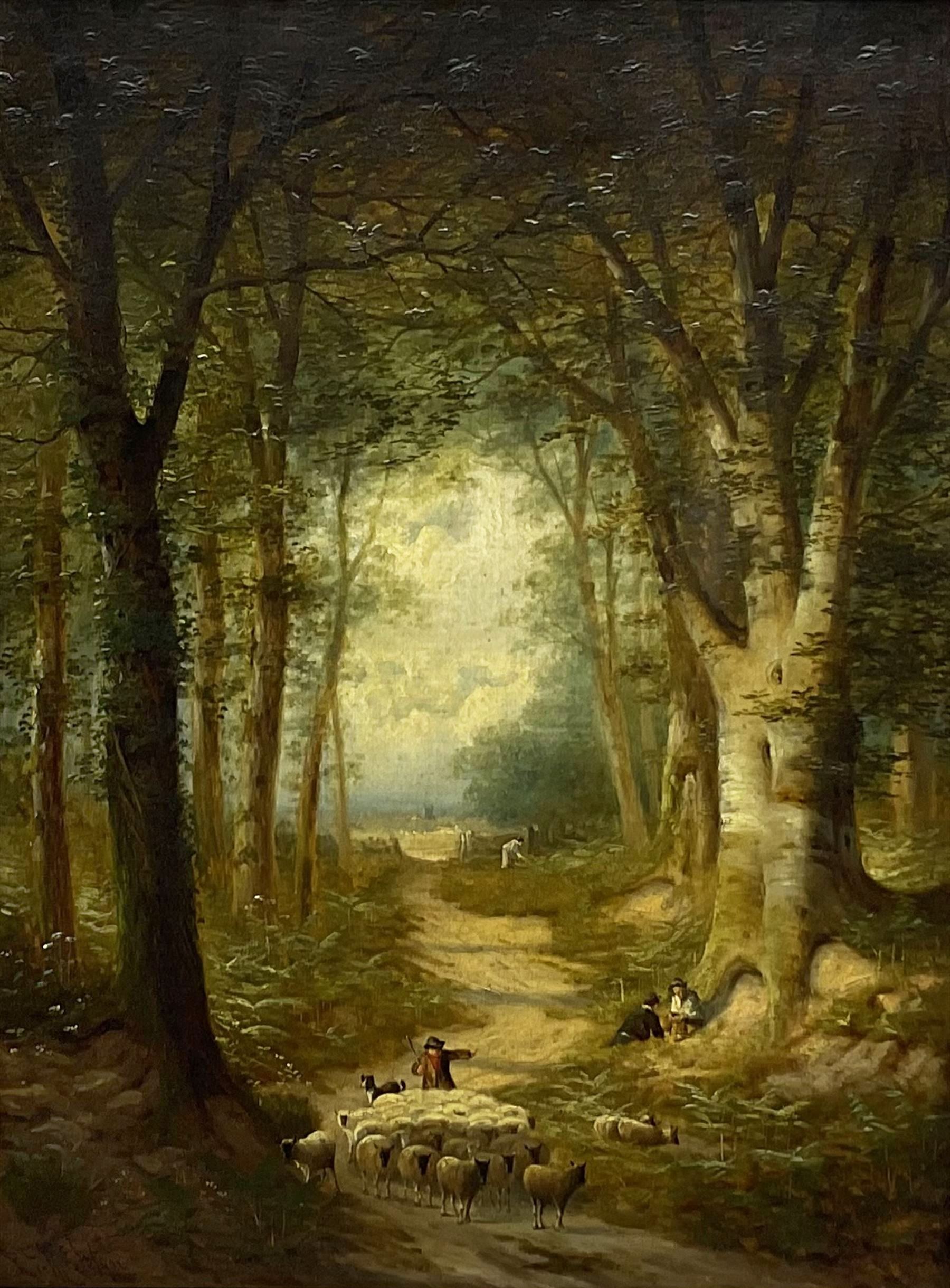 Robert Finlay McIntyre (British c.1846-1906): Driving Sheep through Woodland, oil on canvas signed 60cm x 45cm