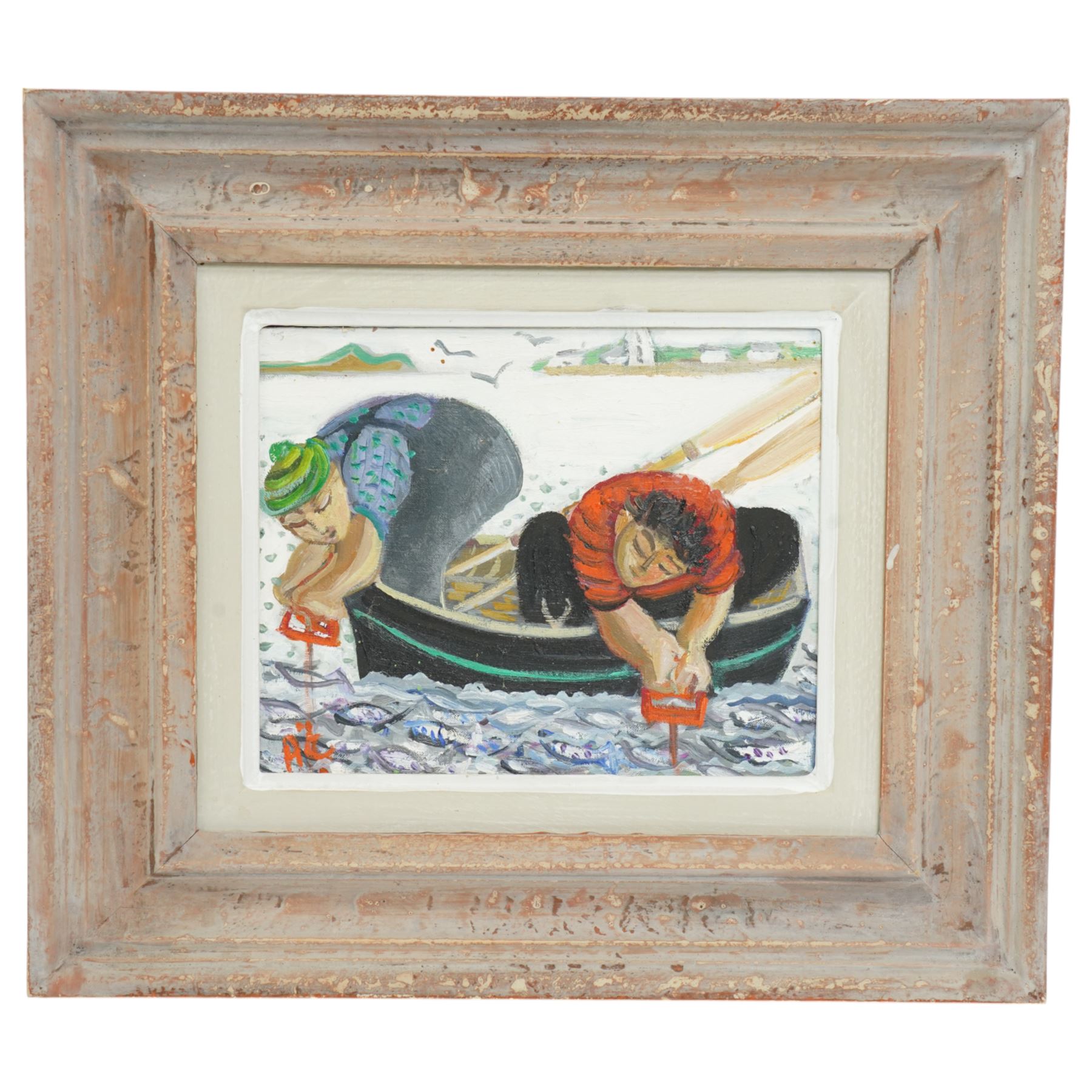 Anthea Craigmyle (British 1933-2016): Mackerel Fishing from a Rowing Boat, oil on canvas signed with initials 20cm x 25cm