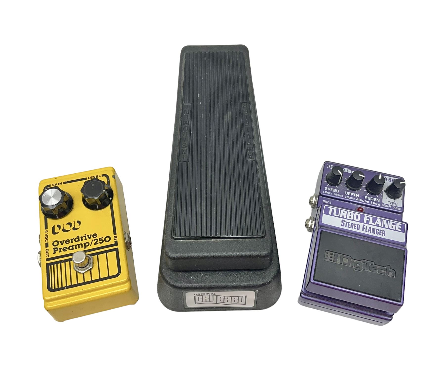 Three guitar pedals, to include Dunlop Crybaby Wah, Model GCB-95, Digitech Turbo Flange stereo flanger and a DOD Overdrive Preamp/250 