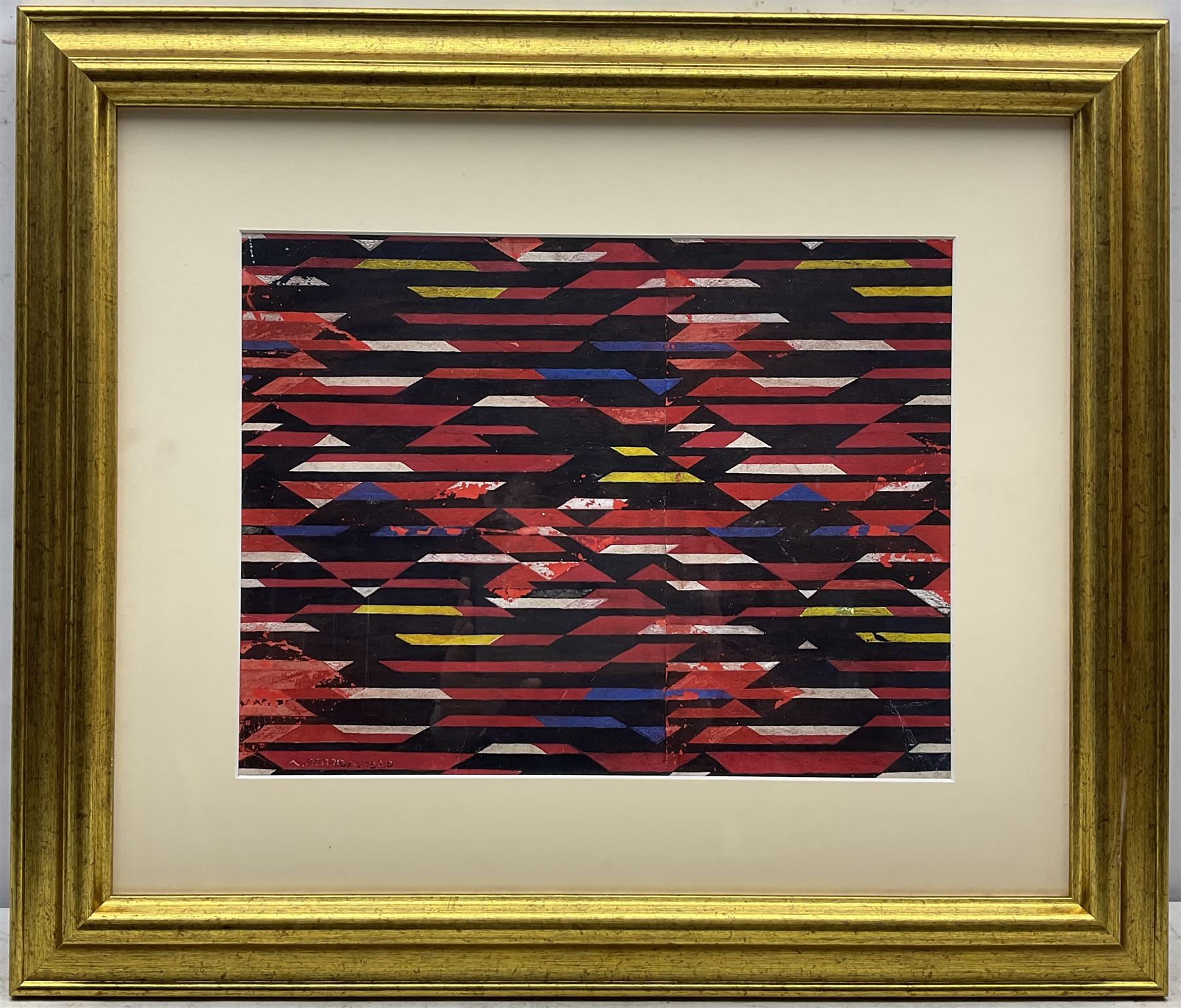 Lyubov Sergeyevna Popova (Russian 1889-1924): Abstract Design, gouache and mixed media signed and dated 1920, 29cm x 39cm
Notes: this is probably a design for a textile pattern. Her father Sergei Maximovich Popova owned a very successful textile factory where she worked in the early 1920's until her death from scarlet fever in 1924
Provenance: Hotel des Ventes de Monte Carlo 26th July 2014, Lot 113A
