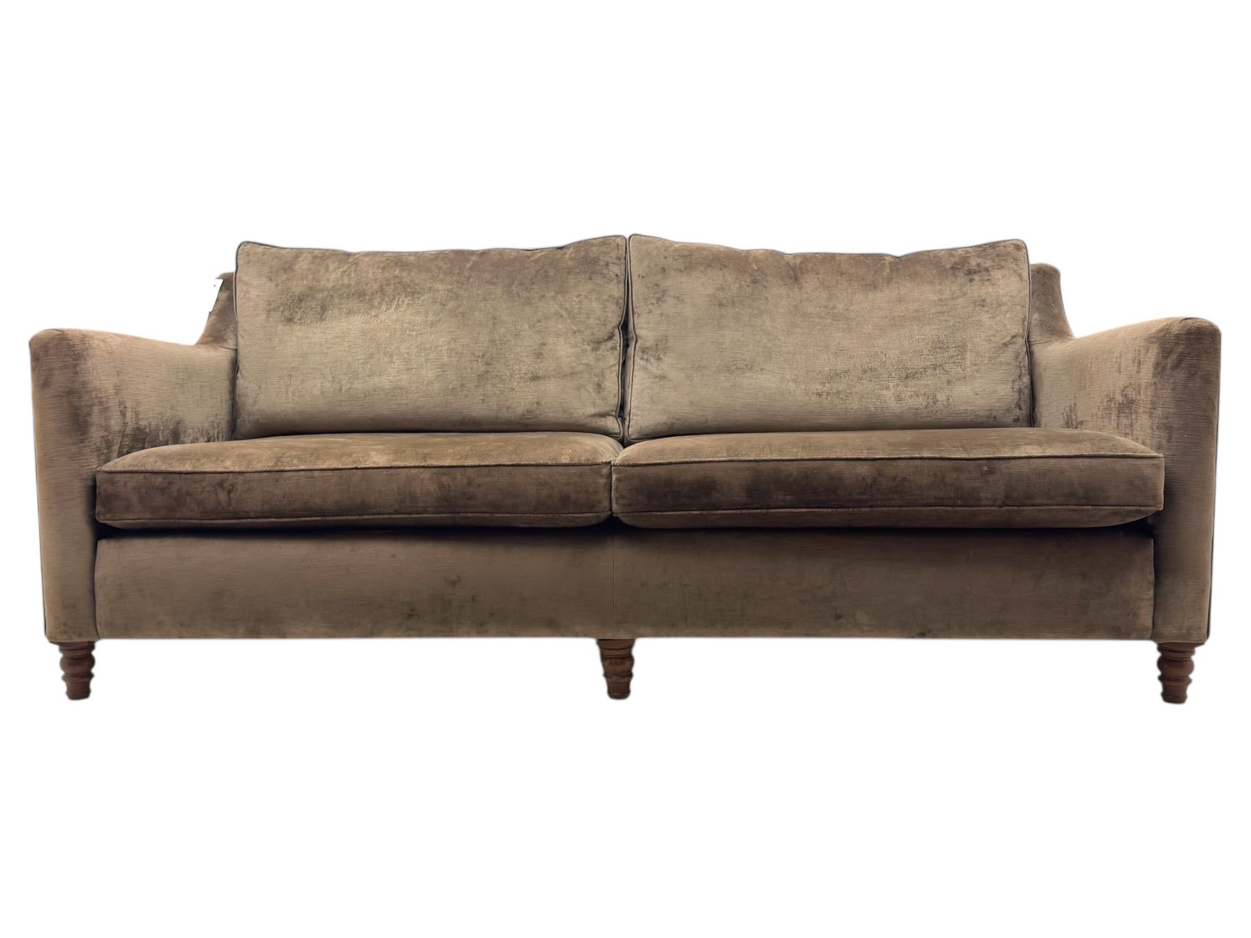 Duresta - three piece 'Finsbury' lounge suite comprising one three-seat sofa, a two-seat sofa and armchair, upholstered in mink coloured velvet, with box seat cushions and deep seat over tapered arms on short stained bun feet (Three seat H 80cm, W 207cm, D105cm, two seat H80cm, W168cm, D105cm, armchair H80cm, W89cm, D105cm)    