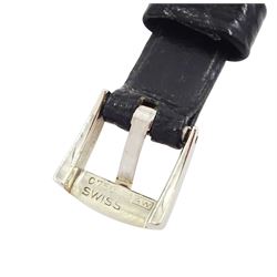 Jaeger-LeCoultre ladies 18ct white gold diamond manual wind wristwatch, back case No. 755841, square silvered dial with round brilliant cut diamond bezel and single cut diamond set lugs, crown wound from back case, on black leather strap, with 18ct white gold buckle, stamped 750, total diamond weight approx 0.70 carat