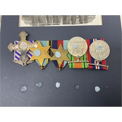 Warrant Officer Gordon Pearce D.F.C. R.A.F.V.R. - display of five medals comprising copy Distinguished Flying Cross, copy Air Crew Europe Star, 1939-45 Star, 1939-45 War Medal and Defence Medal; framed with RAF cap badge, two copy photographs in uniform and copy of investiture letter; mounted and glazed in pine frame 34 x 66cm