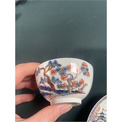 18th century Caughley tea cup and saucer of fluted design decorated in blue and gilt, blue 'S' mark, Bloor Derby coffee can and saucer in red, blue and gilt; 18th century Worcester tea bowls decorated in the Pleasure Boat or Fishermans pattern, and a Liverpool tea bowl decorated in the Penningtons Cannonball pattern