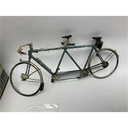 Chad Valley clockwork Fordson Major Tractor, a group of play worn Britains and other lead and metal farm animals, figures and accessories including a kennel, haystacks, dovecote, cows, sheep etc, together with a diecast model of a Tandem Bike L31cm