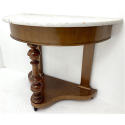 Victorian mahogany demi-lune washstand, marble top, central turned support, shaped solid undertier