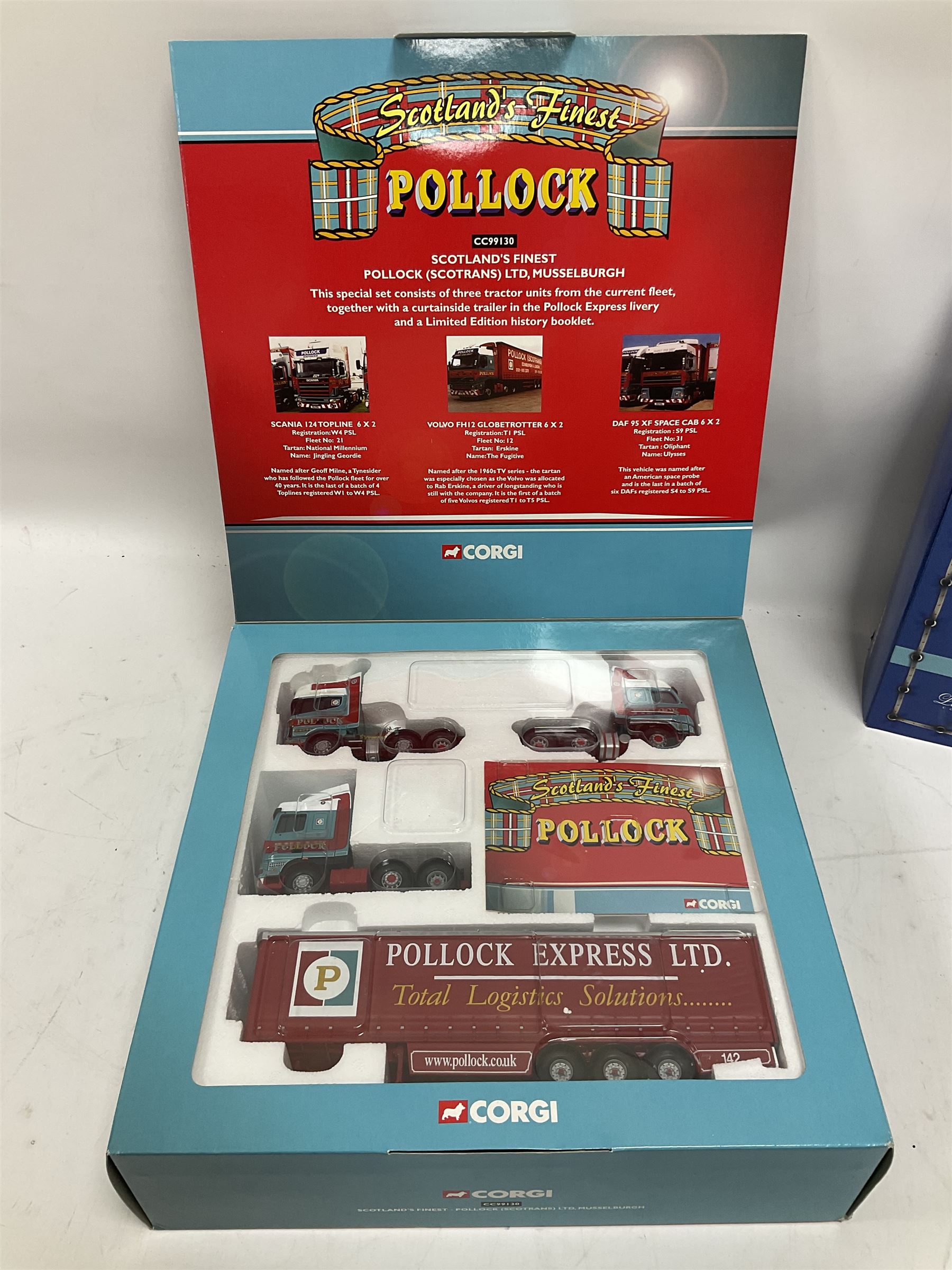 Corgi - two limited edition 1:50 scale heavy haulage vehicle sets comprising CC99129 Norfolk Line with DAF XF Super Space Cab, Curtainside Trailer, Fridge Trailer and History Booklet; and CC99130 Pollock (Scotrans) Ltd. Musselburgh with three fleet tractor units, curtainside trailer and History Booklet; both boxed (2)