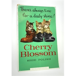Chiswick Products metal advertising sign for Cherry Blossom Shoe Polish entitled 'There's always time for a daily shine' depicting three kittens each in a shoe 71 x 45cm