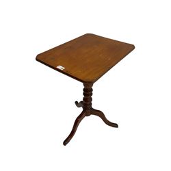 19th century walnut tripod table, canted rectangular tilt-top on turned column, three splayed supports